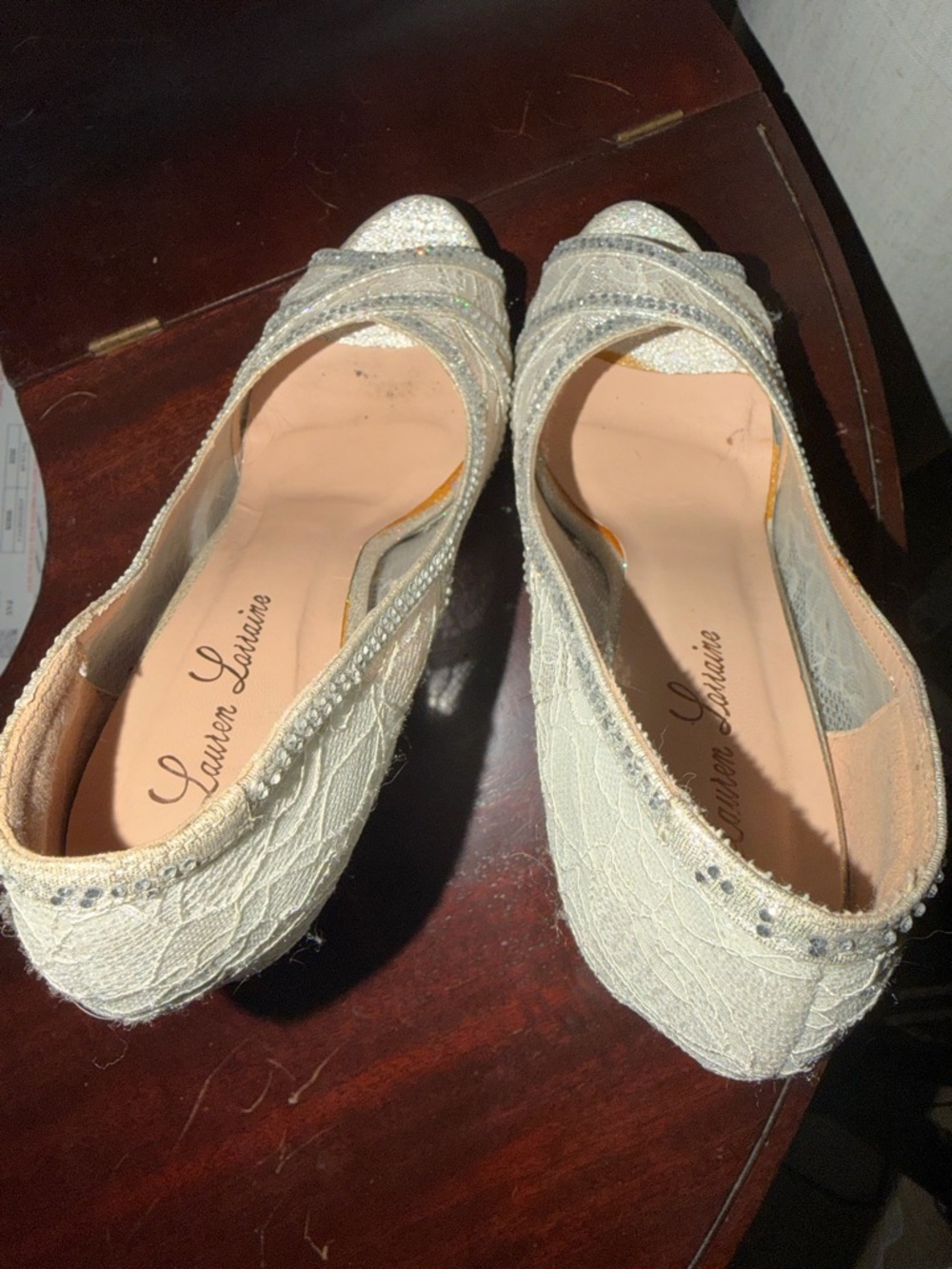Lauren Lorraine Silver Lace Peep-Toe High Heels with Rhinestone Trim - Picture 6 of 7